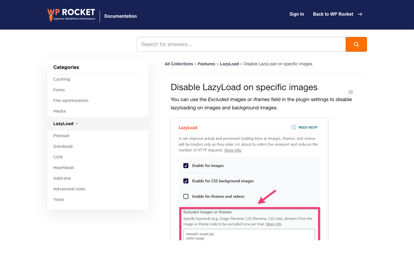 WP Rocket LazyLoad settings showing the Excluded images or iframes field
